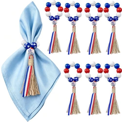 4th of July Wooden Bead Napkin Rings, Patriotic Red White Blue Tassel Napkin Holders with Star Beads July Tag, Independence Day Farmhouse Table Decorations for Dinner Party Table Setting, Set of 8