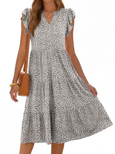 ANRABESS Womens Summer Casual Dress V Neck Ruffle Sleeve Midi Dresses 2026 Trendy Flowy Tiered Boho Beach Vacation Sundress Khaki Polka Dot-S