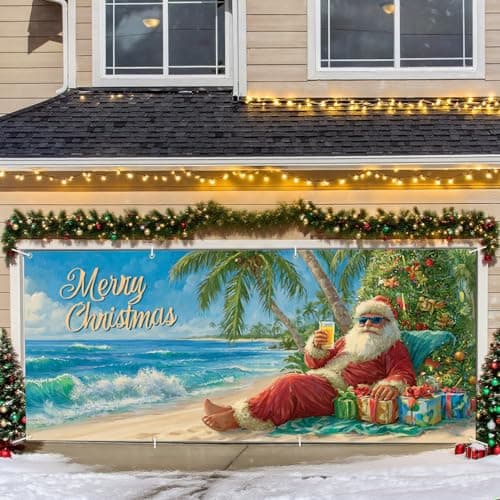 Beach-Themed Merry Christmas Garage Door Banner – Tropical Santa Claus with Palm Trees & Gifts – Fun Holiday Outdoor Decor