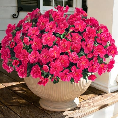 Ivydale Artificial Fake Camellia Flowers Plants for Outdoor Outside Spring Decoration, Faux Silk Hotpink Camellias UV Resistant Look Real for Planter Porch Patio Garden Yard, 3 Large Bundles