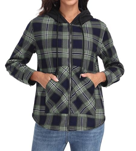 Lepunuo Plaid Jacket for women Fleece Full-Zip Hoodie Long Sleeve Warm Jackets with Pocket Green Blue