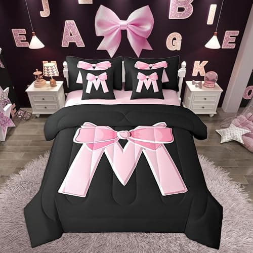 jejeloiu Kawaii Pink Bow Twin 7 Piece Comforter Set with Sheets for Girl
