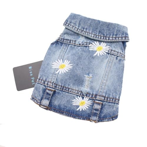 Daisy Embroidered Denim Dog Jacket, Vintage Jean Vest for Small Breeds(XS)
