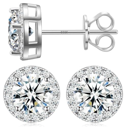 0.6 Carats Moissanite Halo Earrings 4MM Moissanite Stud Earrings for Women, 18k White Gold Plated 925 Sterling Silver Men Earrings D Color VVS1 Brilliant Cut Push Back