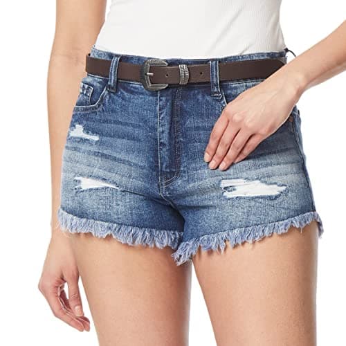 WallFlower Women's Fearless Curvy Denim Shorts High-Rise Belted Insta Vintage Juniors, Nia, 1