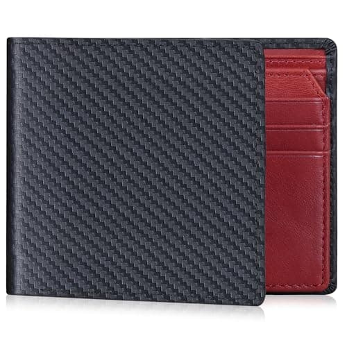VISOUL Mens Carbon Fiber Leather Wallets Bifold with RFID Blocking, Designer Billfold Wallet with 1 ID window for Men (Black+Burgundy)
