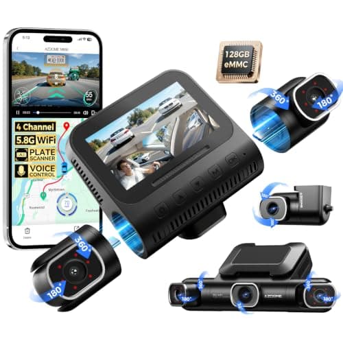 AZDOME 360° 4 Channel Dash Cam Front and Rear Inside, Built-in 128GB eMMC, 2K+1080P*3 Dashcam, Left Right, Voice Control, 5G WiFi Dash Camera for Cars with 4 Adjustable Lenses, IR Night Vision, M660
