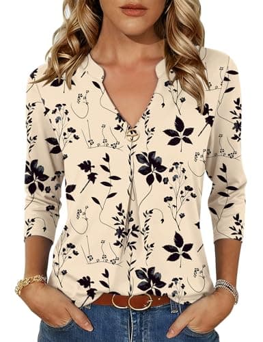 LOMON Ladies Tops and Blouses 3/4 Length Sleeve Shirts Dressy Casual Work Tunics to Wear with Leggings (Apricot Black Floral,Large)