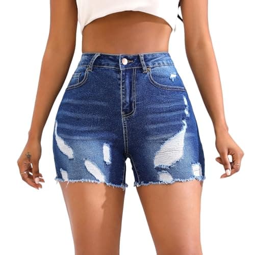 THUNDER STAR Stretchy Jean Shorts for Women Mid Rise Distressed Denim Shorts Ripped Casual Summer Shorts Dark Blue M