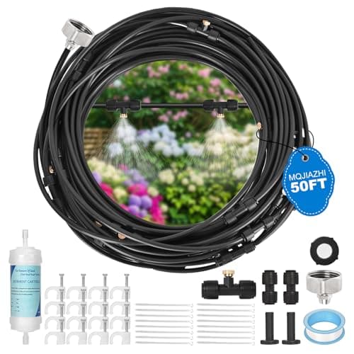 MQJIAZHI 50ft/15M Misters for Outside Patio with Water Filter Misting Systems Pre-Assembled 15 Brass Mist Nozzles, Installation-Free Outdoor Misting Cooling System for Garden Waterpark Greenhouse