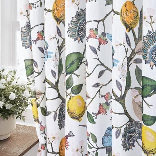 Drapenova White Sheer Cafe Curtains Valance 18 Inch Length 2 Panels Semi Sheer Pinch Pleated Linen Short Window Treatments with Floral Hummingbird Print for Kitchen Bathroom RV Basement Small Windows
