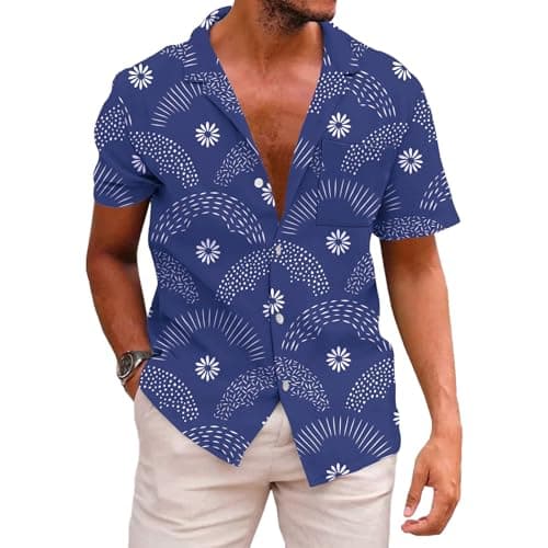 KYKU Men Flower Print Shirt Cute Button Up Shirts with Pockets, White Blue, 2XL