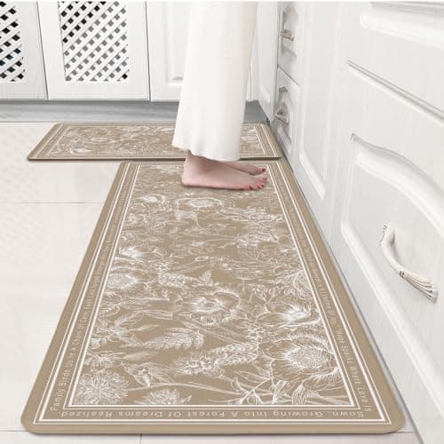 VivaNest Tan Brown Minimalist Line Art Floral Kitchen Rug Sets [2 PCs], Anti-Fatigue, Waterproof Non-Slip Kitchen Mats Heavy Duty Comfort Foam Rug for Kitchen, Floor, Laundry,17"x29"+17"x47"