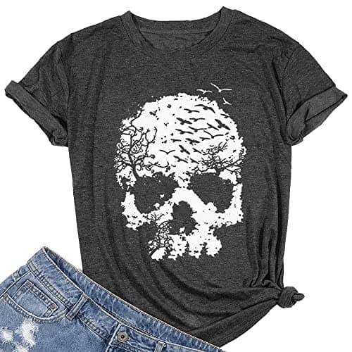 Womens Skull Graphic T Shirts Gothic Skeleton Novelty Printed Short Sleeve Vintage Tees Plus Size Casual Summer Tops Dark Grey, XXL