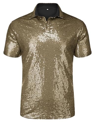 URRU Men's Relaxed Short Sleeve Turndown Sparkle Sequins Polo Shirts 70s Disco Nightclub Party Shirt Top (US, Alpha, XX-Large, Regular, Regular, Champagne-SJ)