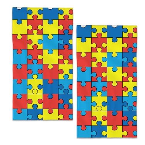 BIGXIUKA Autism Puzzle Pieces Hand Towels Blue Red Yellow Bath Towel Set of 2 Soft Kitchen Dish Towels Decorative Bathroom Face Towels for Guest Gym Yoga 28 x 14 Inch