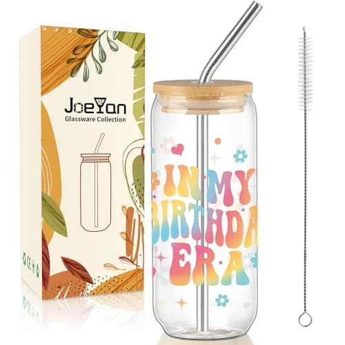 Joeyan Glass Cups with Lids and Straws - 20oz Iced Coffee Cup, Retro Iridescent Birthday Glass Tumbler, Aesthetic Drinking Glasses for Smoothie Boba Tea, Birthday Gift for Women, Her, Friend