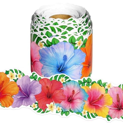 65.6Ft Summer Flower Bulletin Board Border, Colorful Tropical Hibiscus Flower Bulletin Borders Summer Classroom Border Trim for Home Office School Chalkboard Wall & Hawaiian Party Decor