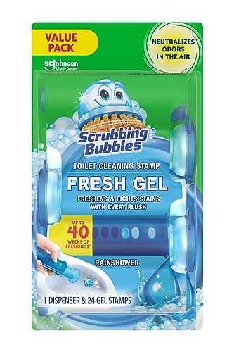 Scrubbing Bubbles Toilet Bowl Cleaning Stamps, Keeps Toilet Clean and Helps Prevent Limescale and Rings, Rainshower Scent, 1 Dispenser with 24 Stamps