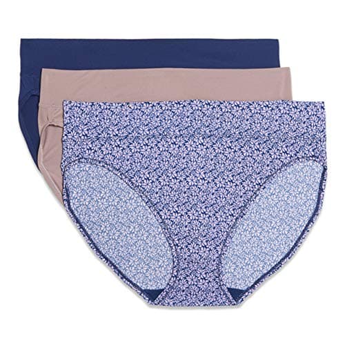 Warner's womens Blissful Benefits Dig-free Comfort Waistband Microfiber Hi-cut 3-pack 5138w Underwear, Navy Ink Cutout Blooms/Mink/Navy Ink, 3X-Large US