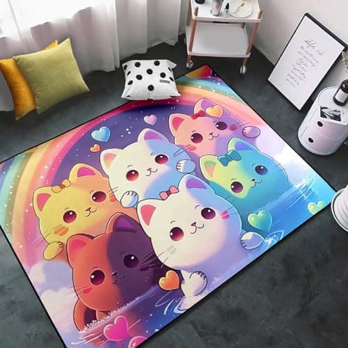 Rainbow Cat Rug for Girls - Colorful Cat Rug for Kids Bedroom Cute Cartoon Pattern Carpet Lovely Animal Rugs Room Decor Anime Mats, 2.5x4 Feet