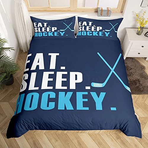Feelyou Ice Hockey Duvet Cover - Hockey Sports Theme Bedding Set - Twin Size - Blue - 2 Pcs - Zipper Closure - Modern Style - Breathable Microfiber - Machine Washable - Duvet Cover & 1 Pillow Case
