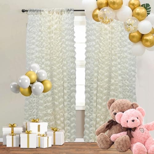 SFN SKY 9FTx9FT Lvory Vertical Ruffled Backdrop Curtains,2 Panel Farmhouse Shabby Chic Sheer Voile Curtain for Living Room,Waterfall Tulle Backdrop Drapes for Christmas Wedding Baby Show Birthday