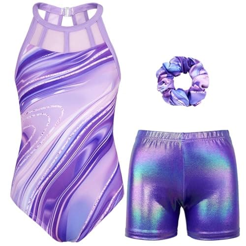 JOYSTREAM Gymnastics Leotards for Girls With Shorts Sparkly Ballet Dance Mesh Tank Activewear Purple Marble,12-13Years