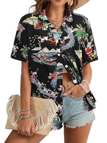 Christmas Shirt Women Hawaiian Button Down Shirts Xmas Holiday Beach Tops