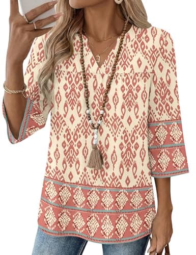 Rapbin Vacation Outfits for Women 3/4 Length Sleeve Peasant Blouses V Neck Valentines Shirts for Women Flowy Dressy Top Wedding Guest Peasant Pink Blouse M