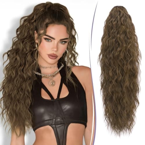RUWISS Claw Clip Ponytail Extension 30 Inch Curly Hair Extensions for Women Clip In Ponytail Natural Looking Fake Ponytail Synthetic Hairpiece - Moss Brown