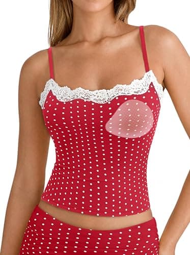 SUUKSESS Women Double Lined Lace Cami Tank Top Summer Padded Square Neck Going Out Tops Sleeveless Basic Shirts (Red-White Polka Dots, X-Small)