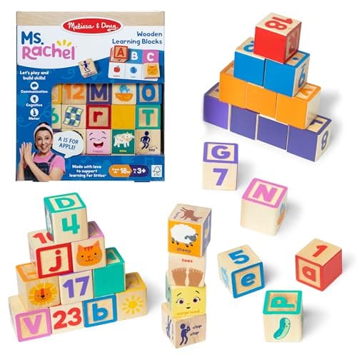 Melissa & Doug Ms. Rachel Letter, Number, and Game Wooden Learning Blocks with Activity Cards for Girls and Boys Toddlers Ages 18 Months+ - FSC Certified