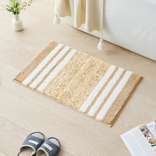 CozeCube Bath mats for Bathroom Non Slip, Fluffy Absorbent Microfiber Bath mat Washable, Aesthetic Bathroom Rugs, Small Beige Striped Bath mat, Beige, 24" x 16"