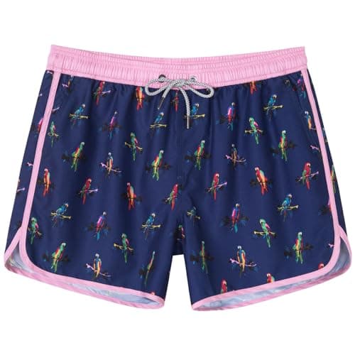 SURF CUZ Mens Swim Trunks 5" Swim Shorts Vintage Bathing Suits with Mesh Lining 80s 90s Retro Swimwear Board Shorts,Macaw,XL