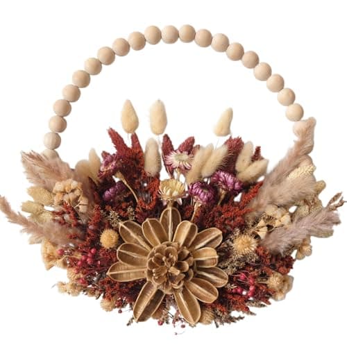 16 Inches idyllic Wood Bead Wreaths for Front Door, Farmhouse Fall Harvest Thanksgiving Wreath, Fall Wall Kitchen Cabinet Decorations, Purple Chrysanthemums Lantana