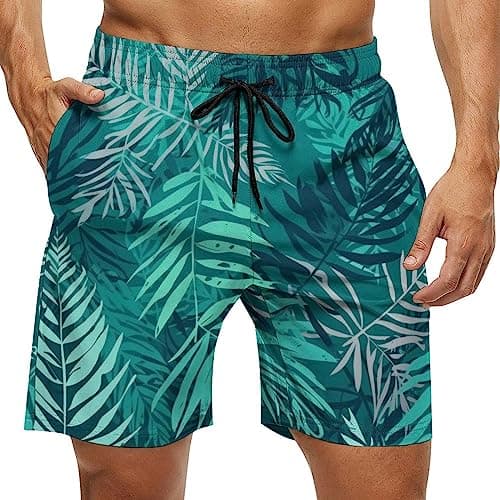 Heucapc Men's Swim Trunks Quick Dry Swimsuits Board Shorts Tropical Summer Beach Shorts with Mesh Lining and Pockets