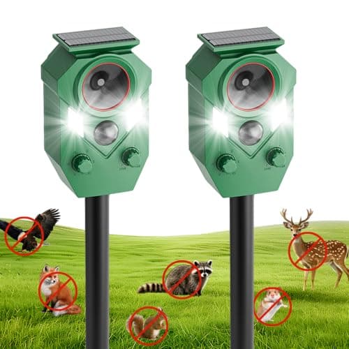 Solar Powered Ultrasonic Animal Repeller with Motion & LED Strobe Lights, Cat Deterrent Outdoor for Squirrels, Deer, Rabbits, Skunks & Dogs, Protects Garden, Yard, Lawn, Farm & Crops - 2Pack