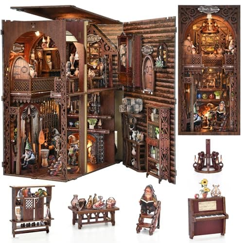 TOYQI Book Nook Kit, Book Nook Kits for Adults, DIY Miniature Dollhouse Kit 3D Wooden Puzzle Booknook Bookend with LED Light