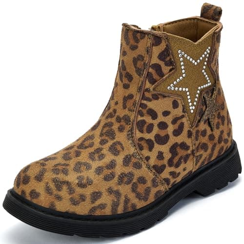 TZJS Girls Ankle Boots Girl's Glitter Chelsea Boot Kids Warm Low Heel Short Booties Girl Outdoor Shoes with Side Zipper for Toddler/Little Kid(Leopard,numeric_9)