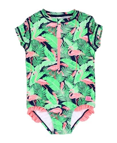 RuffleButts Flamingo Frenzy Girls Short Sleeve One Piece Rash Guard - 6