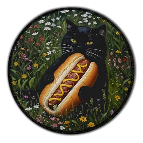 FRZSDVHNM Funny Hotdog Black Cat Mouse Pad with Stitched Edge Non-Slip, Black Cat Gifts, Vintage Whimsical Kitten Wildflower Mouse Mat for Computer Laptop Home Office Desk Accessories 8.6x8.6 in