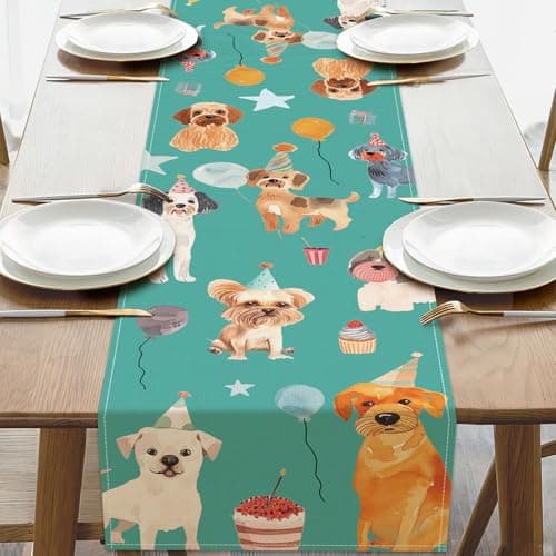 Croar Watercolor Dog Kids Happy Birthday Dining Table Runner, Green Balloon