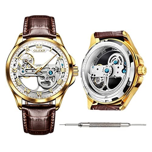 OLEVS Automatic Hollow Mechanical Watches for Men Waterproof Leather Band Men's Automatic Brown Leather Fashion Self Winding Watch Gold Watch for Men