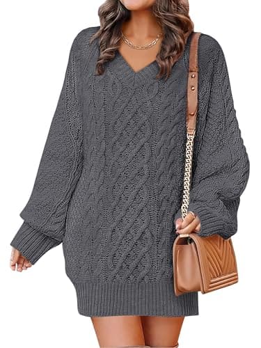 ANRABESS Women Sweater Dress Oversized V Neck Cable Knit Fall Long Sleeve