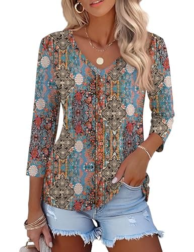 LOMON 3/4 Sleeve Blouses for Women Boho Tops for Women Business Casual 2026 Fashion Clothing Boho Print L