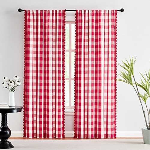Treatmentex Red Buffalo Check Curtains with Pom-Poms for Living Room 96 inch Long Semi Sheer Checkered Pattern Curtain Panels for Bedroom Décor 2 Panels Rod Pocket