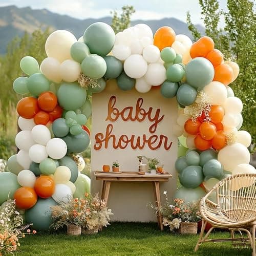 Dusty Green Orange White Balloon Garland, Double Stuffed Burnt Orange Sage Green Ivory Yellow Balloons Arch Kit for Baby Shower Gender Reveal Easter Birthday Safari Jungle Party Decorations
