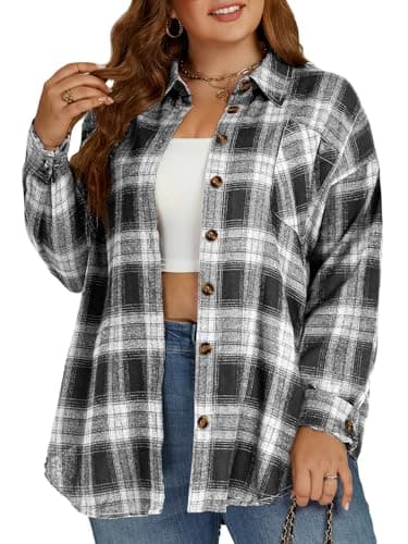 Plus Size Tops for Women Cute Long Sleeve Shirts Oversized Plaid Tunics Dressy 2024 Flannel Jacket XL Black&White