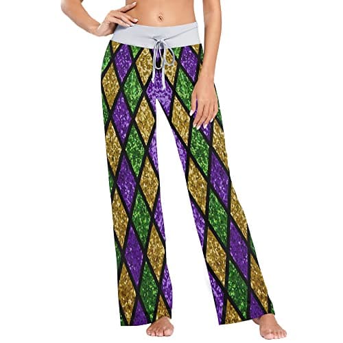 Fisyme Mardi Gras Glitter Plaid Pajama Pants for Women Soft Comfy Pjs Bottoms Drawstring Wide Leg Jogger Lounge Yoga Sweat Pants Sleepwear